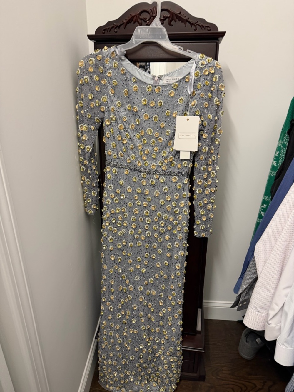 Mac Duggal Silver Gown with Gold Floral Embellishments — Long Sleeve - Picture 5 of 6